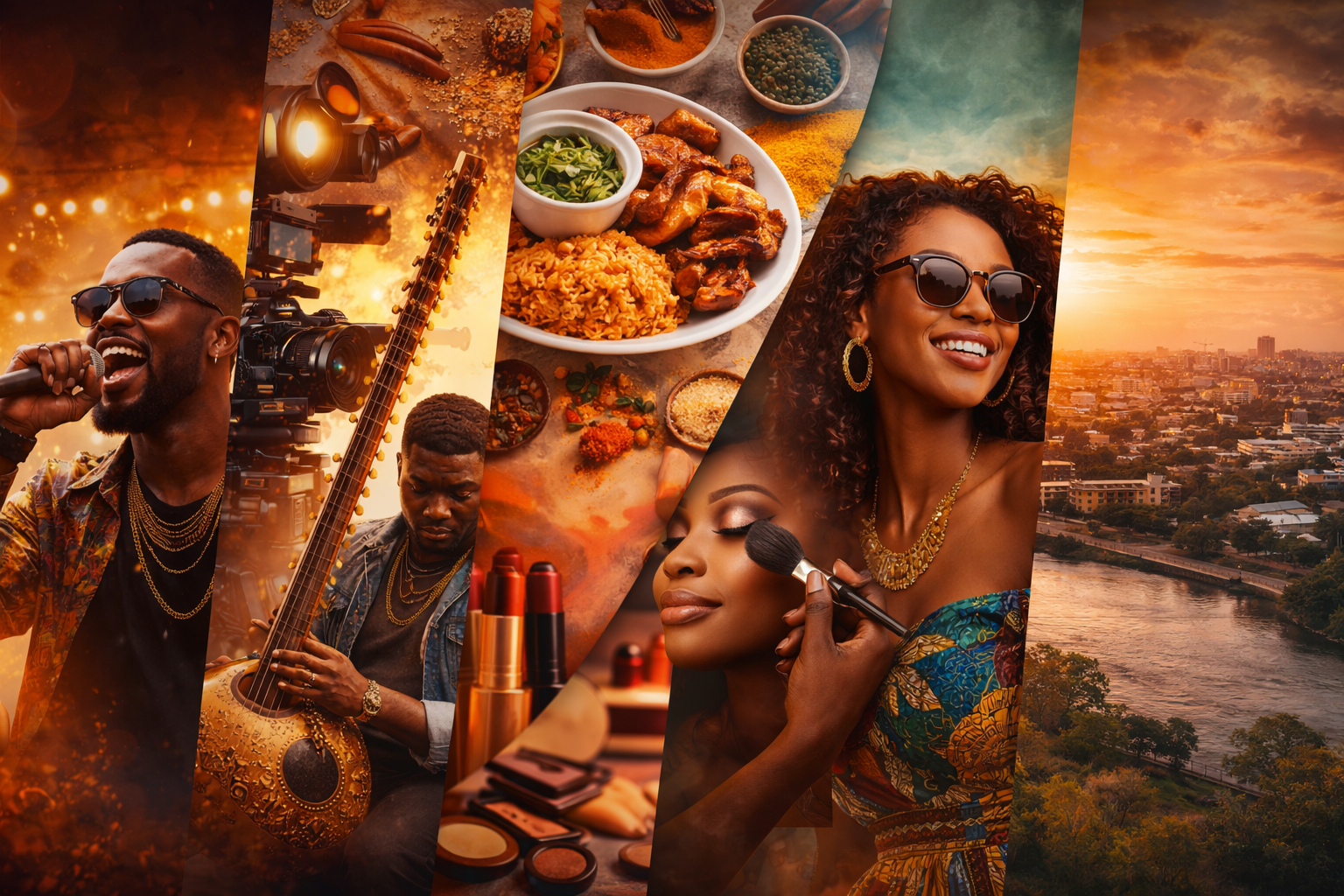 African culture collage featuring music performance, cinema camera, African cuisine, beauty makeup and lifestyle representing Soumare.Media
